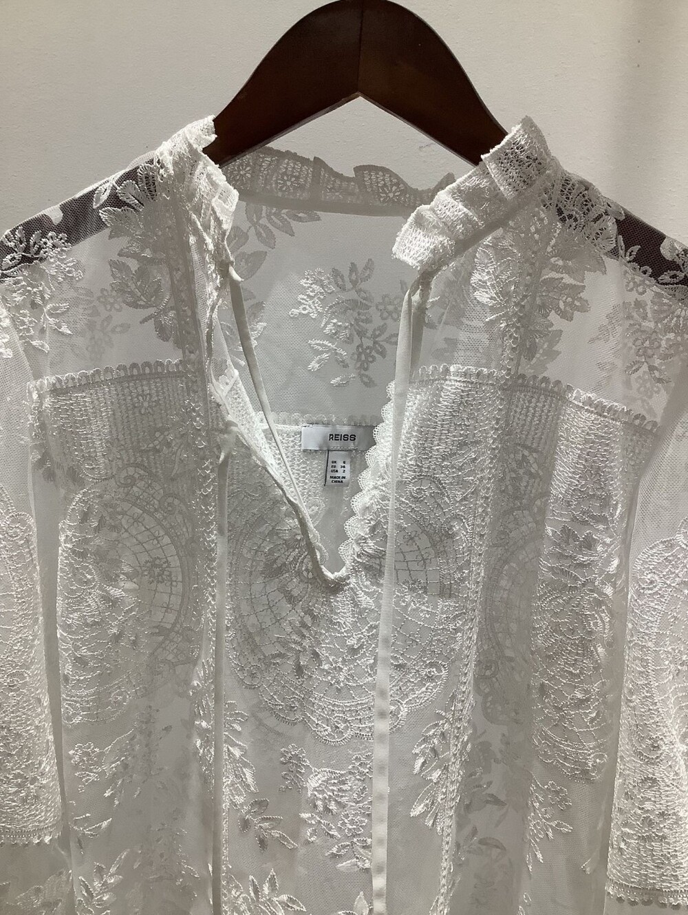 Reiss Demi Sheer Lace Tie-Neck Blouse in Ivory - Picture 13 of 16